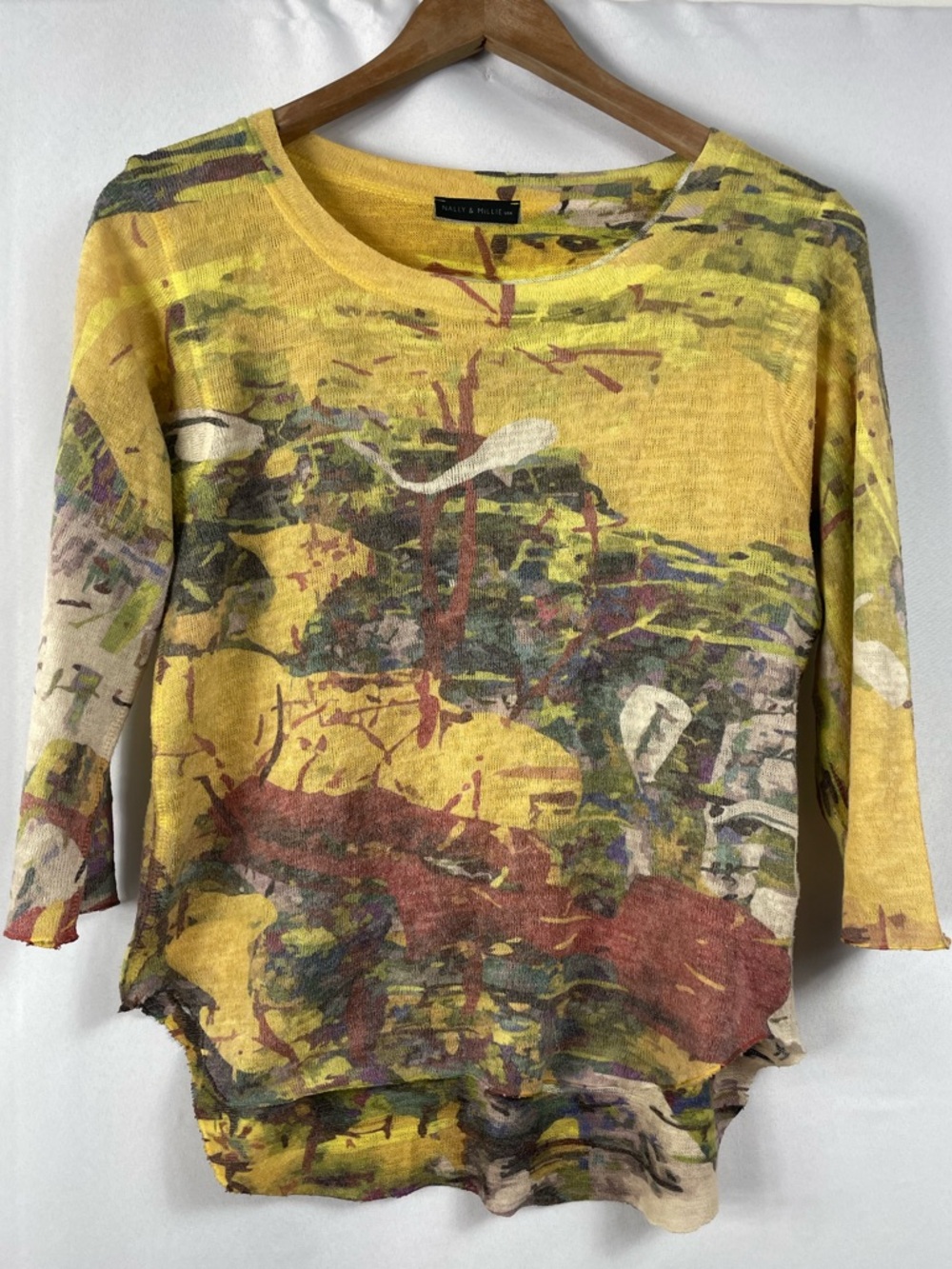 Nally & Millie Sublimation Print T-Shirt PM Yellow Landscape Slouchy Art Burnout